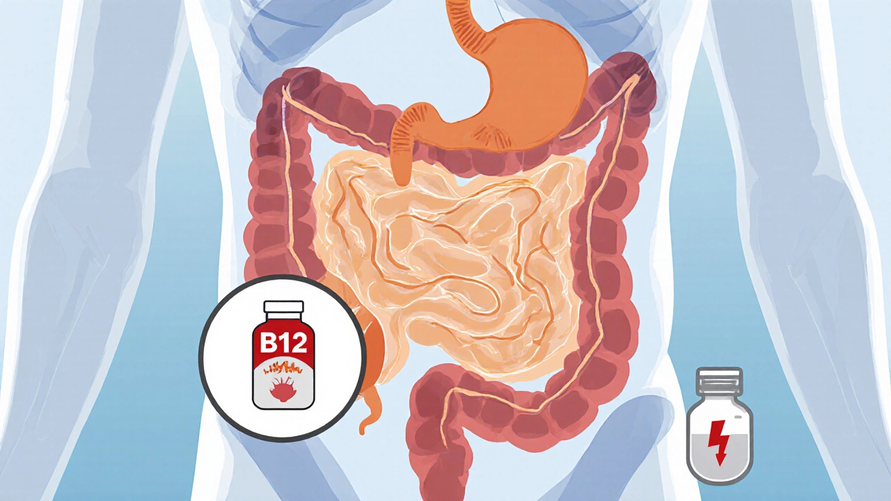 Anatomical illustration showing stomach upset, low B12 icon, and a hint of lactic acidosis.
