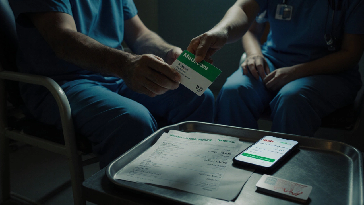 Bangkok ER scene with traveler giving Medicare card to nurse beside invoice and insurance card.