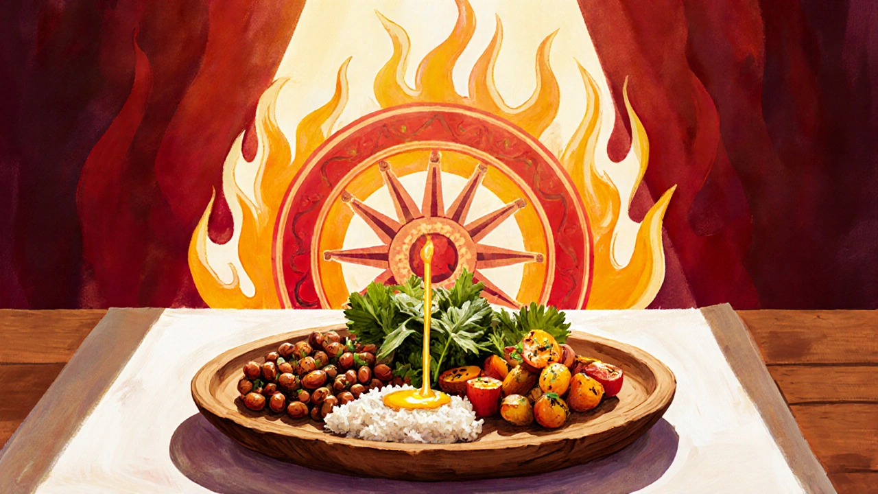 Bright midday meal with spiced legumes, veggies, ghee and subtle flame motifs.