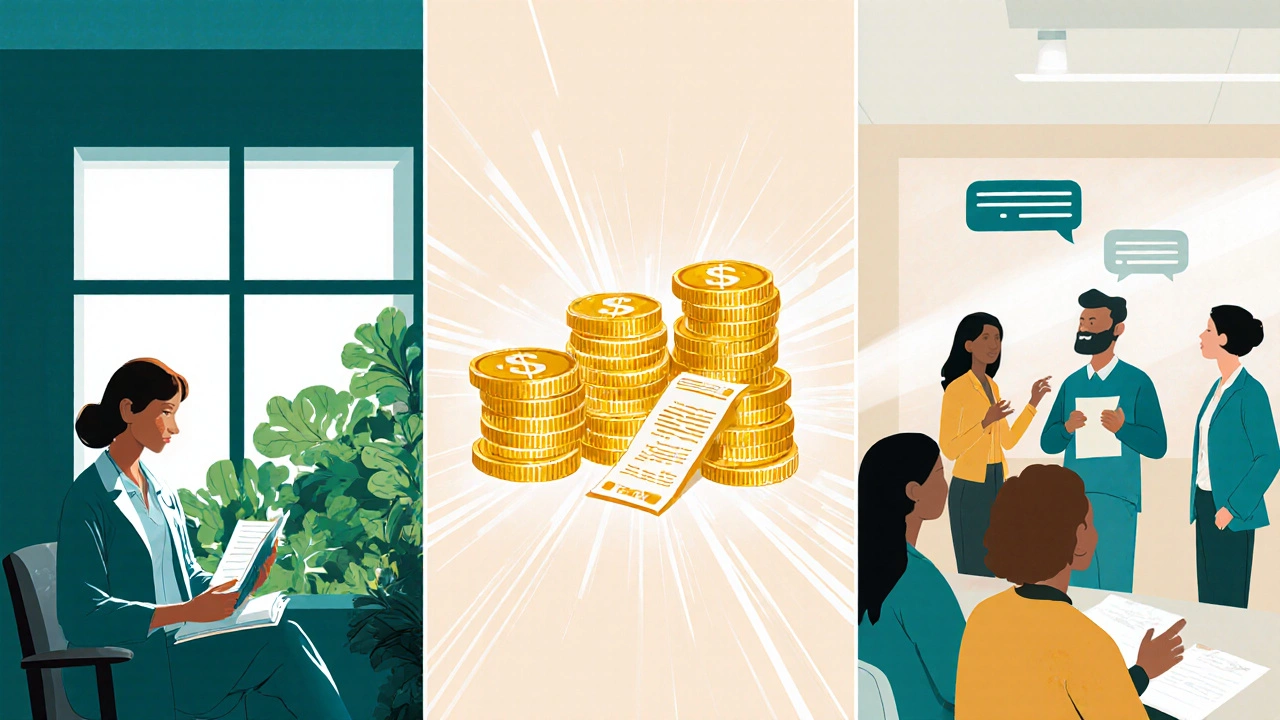 Collage showing doctor studying, salary symbols, and policy presentation representing happiness factors.