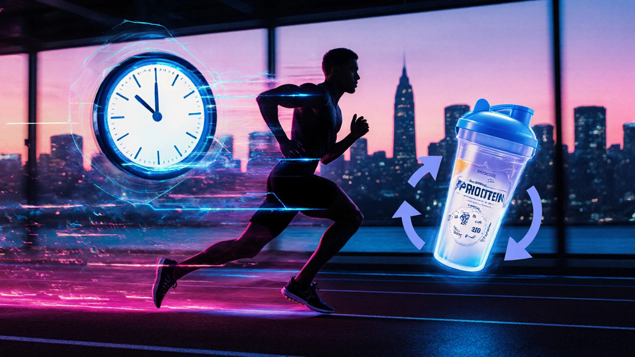 Concept art with a runner doing HIIT surrounded by icons for fasting, protein timing, and macro cycling.
