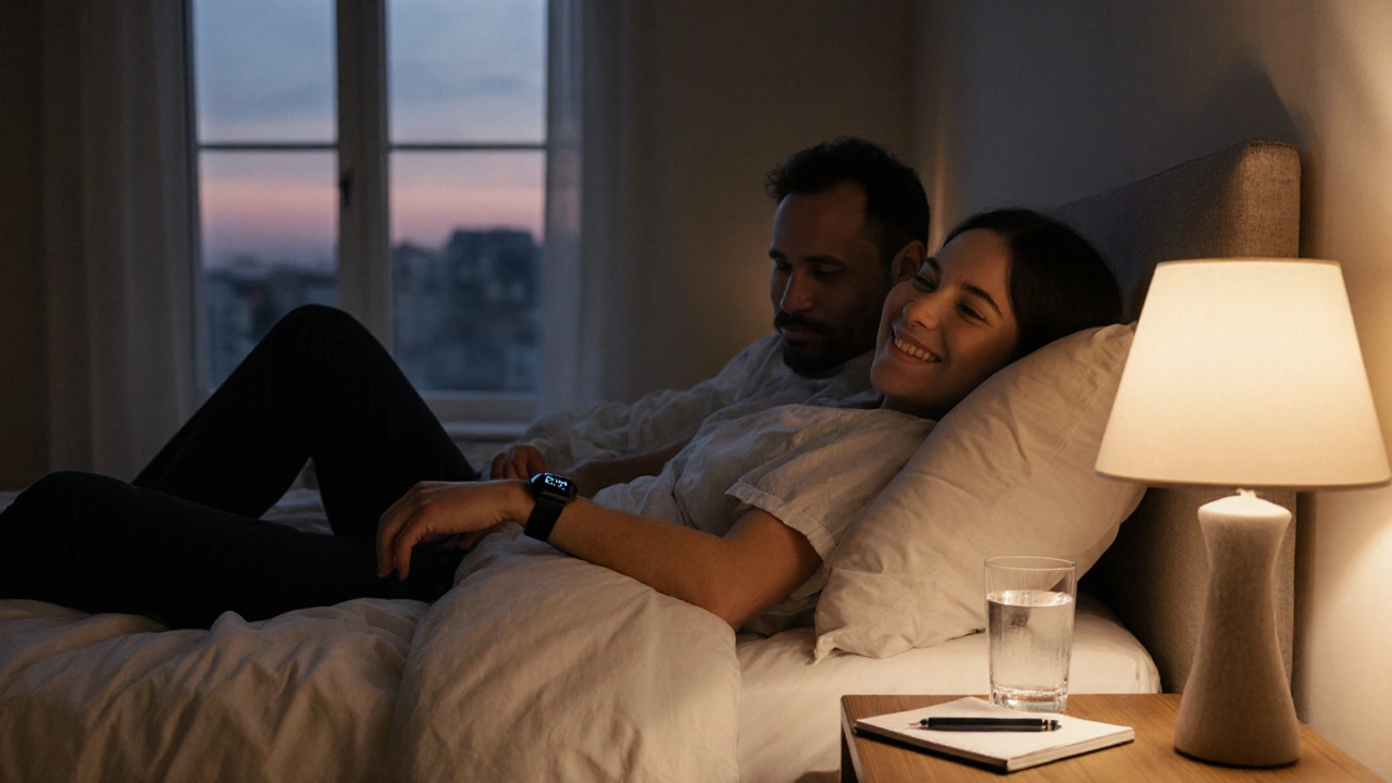 Couple sitting on bed, patient checking smartwatch heart rate, water bottle nearby.