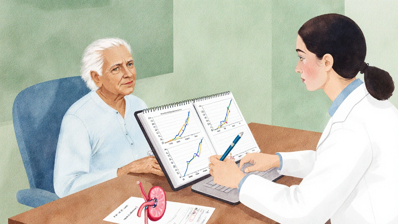 Doctor and elderly patient reviewing kidney function and B12 test results in a clinic.