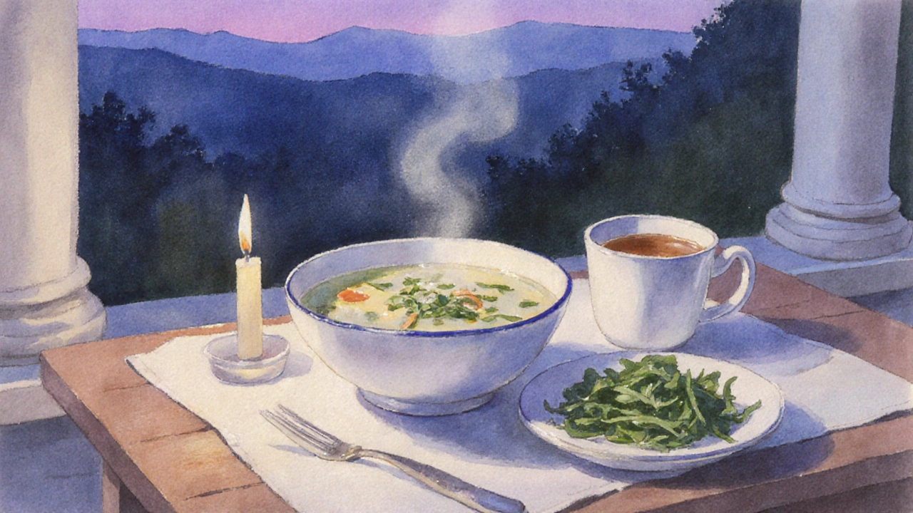 Evening veranda with light soup, steamed greens, tea and a candle glow.