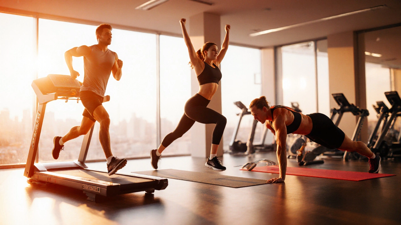 Fit person performing sprint, burpee, mountain climbers, and side plank.