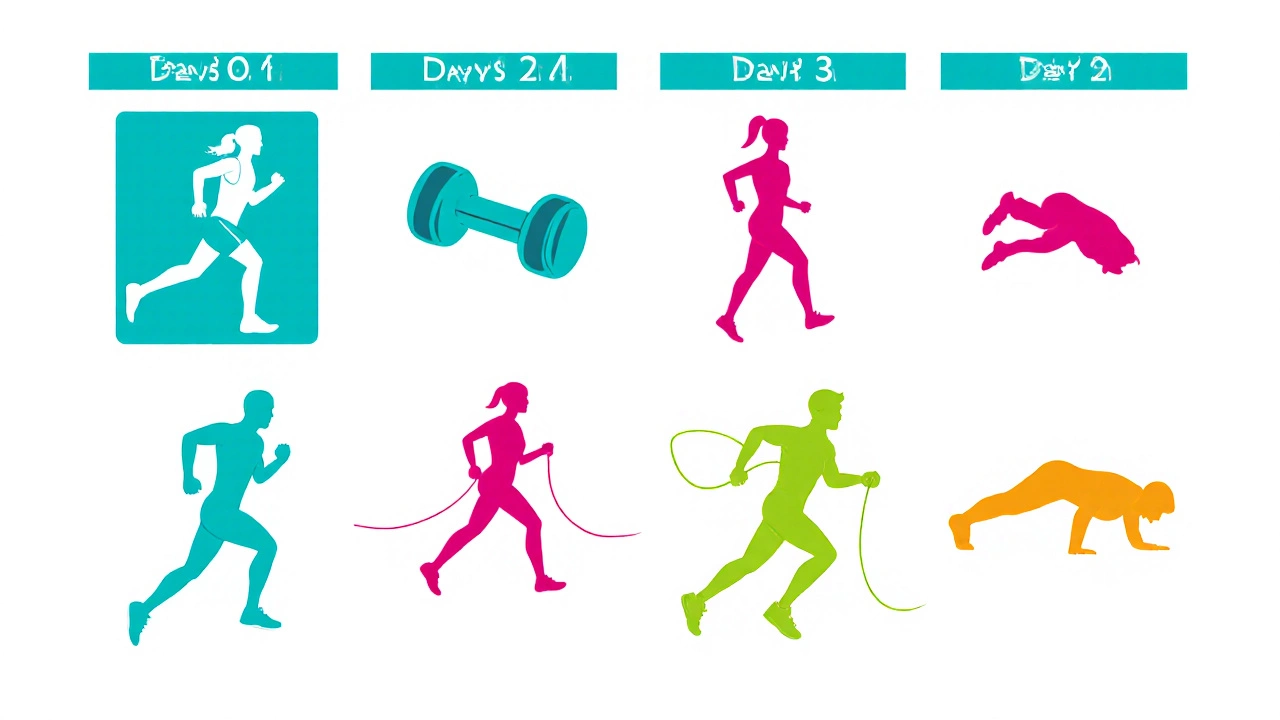 Four‑panel calendar with icons for running, lifting, yoga, and burpees.