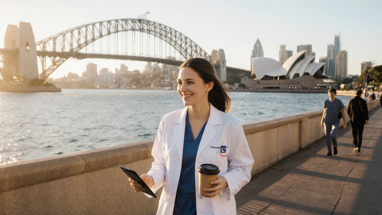 Happy female cardiologist strolling on Sydney waterfront with Harbour Bridge in background.