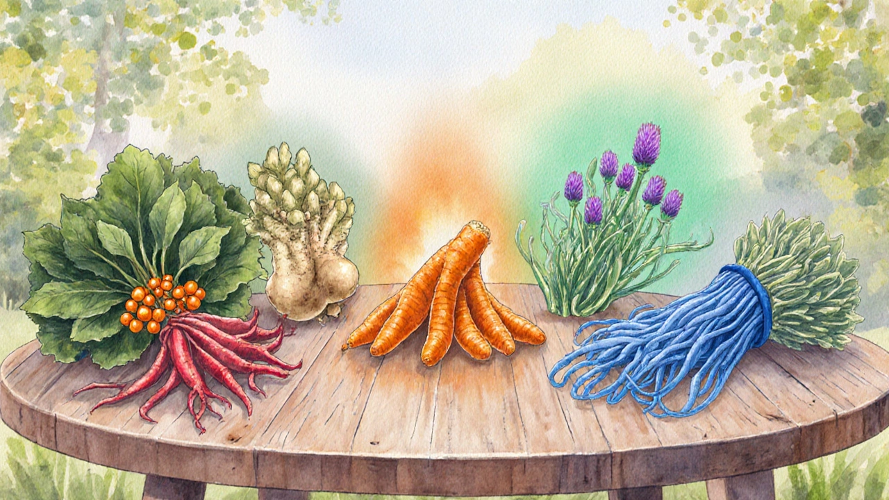 Herb bundles of Ashwagandha, Turmeric, Ginseng, Spirulina, and Milk Thistle arranged on a garden table.