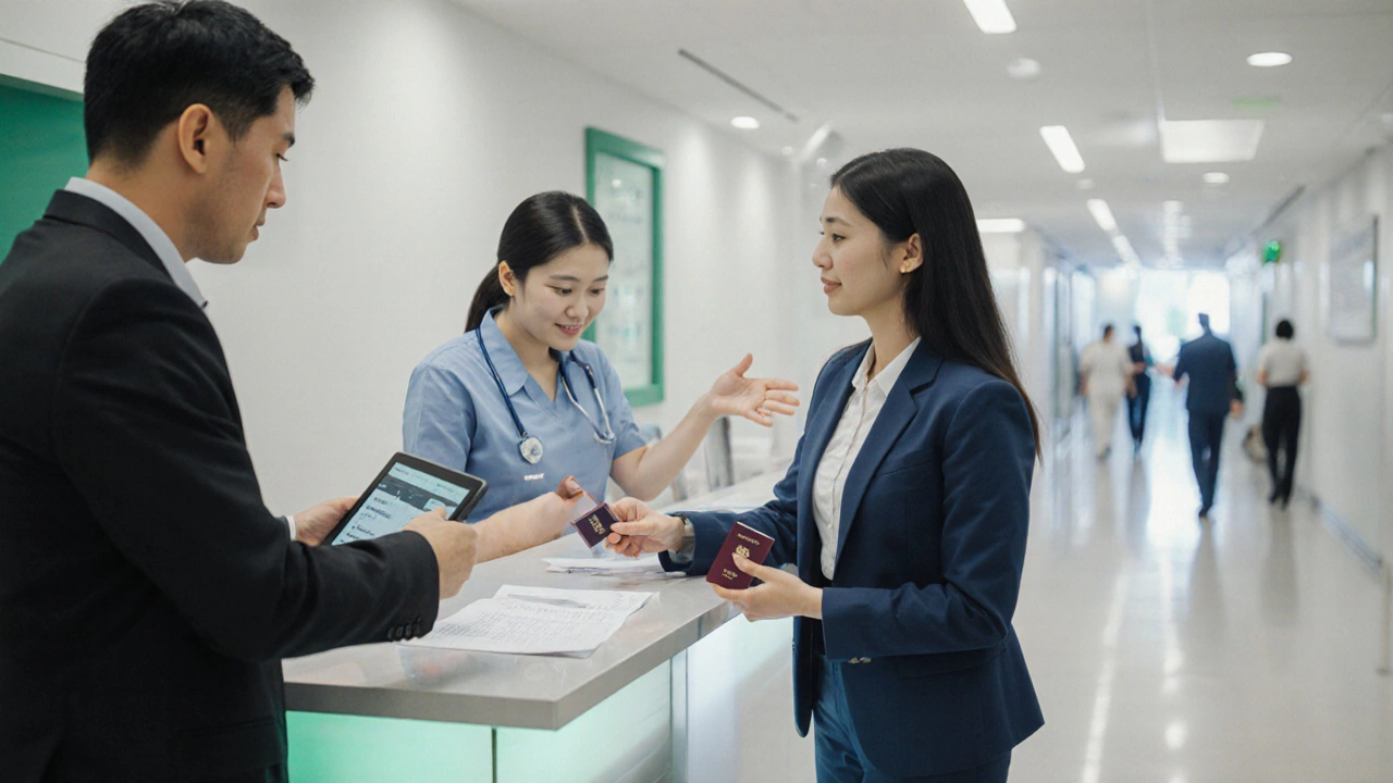 Hospital front desk with staff, interpreter, patient showing passport and signing consent.