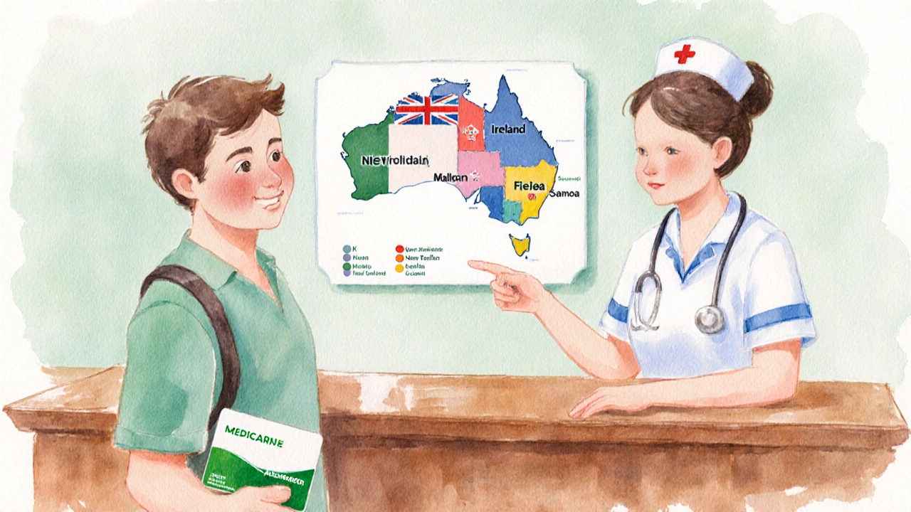 Hospital reception with traveler showing Medicare card and a map highlighting RHA countries.