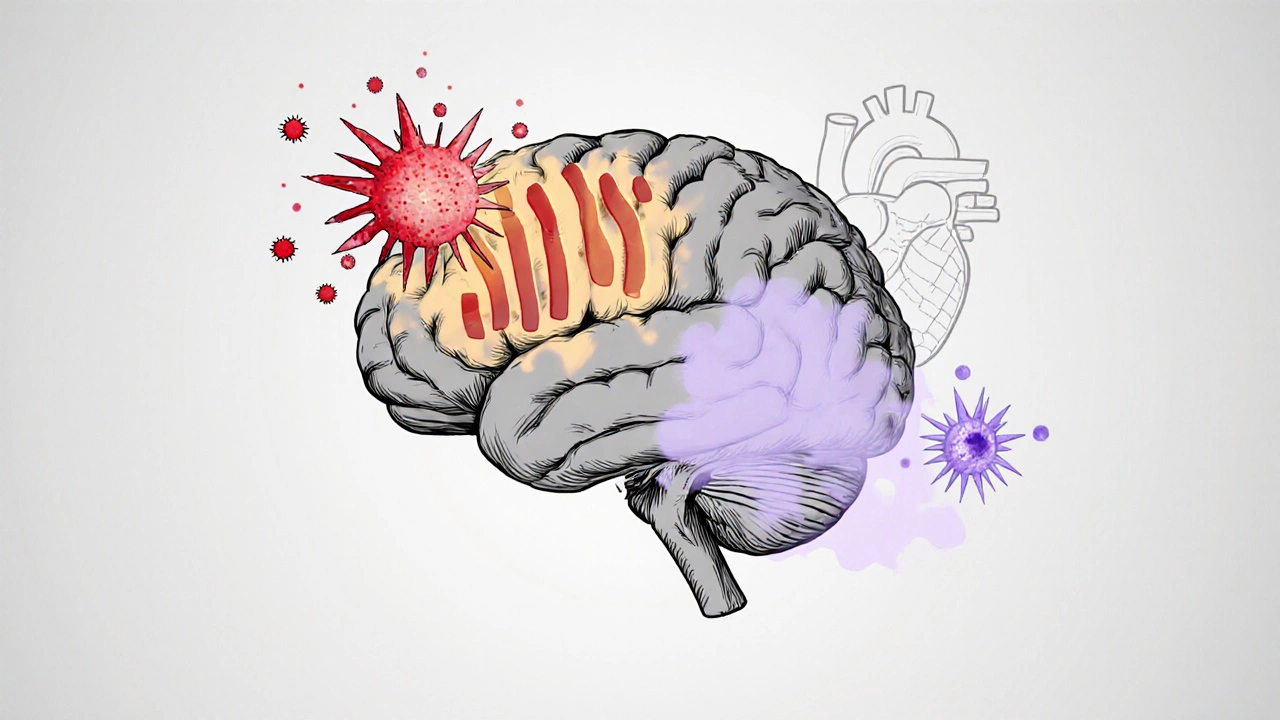 Illustration of inflammation, cortisol, and anesthesia swirling around a brain.
