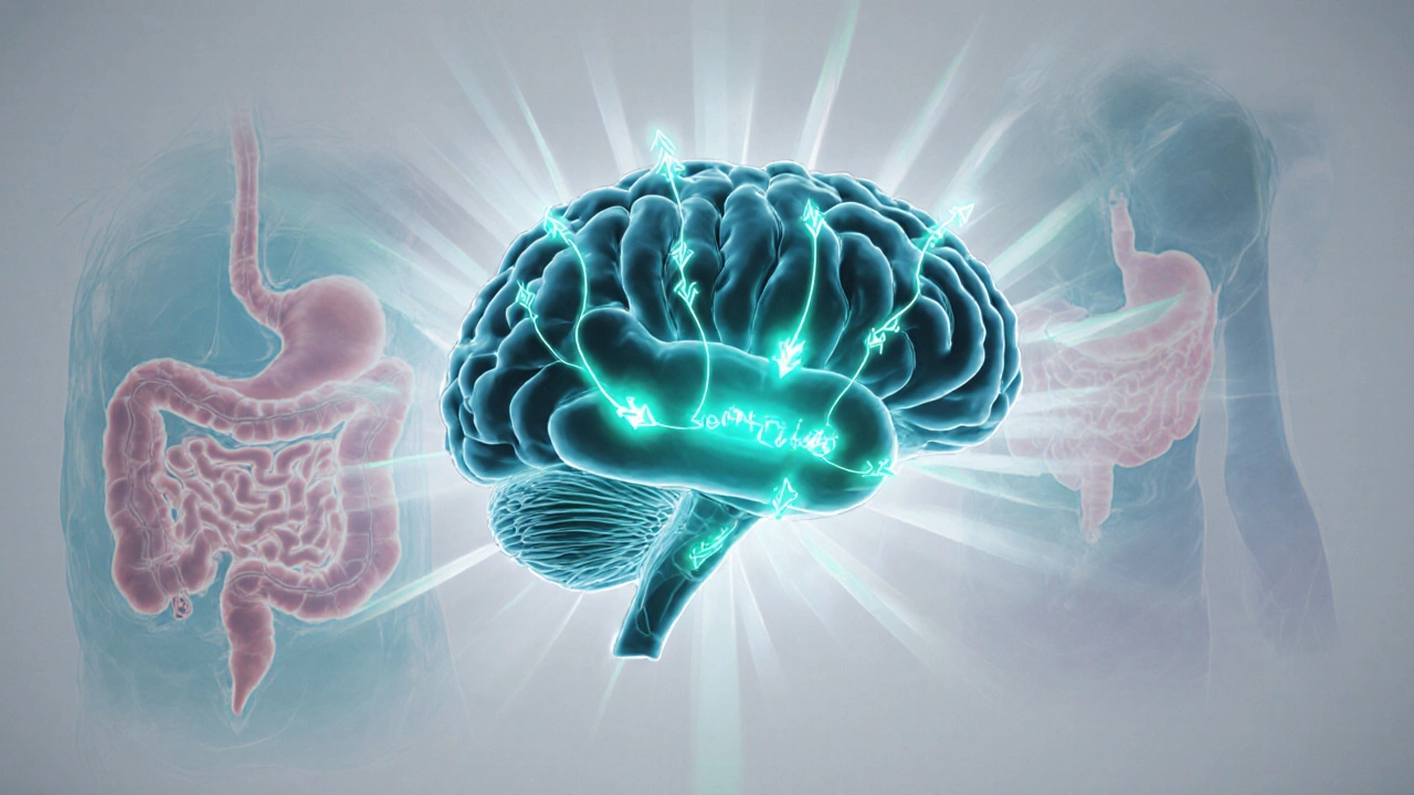 Illustration of semaglutide binding to GLP‑1 receptors in the brain with surrounding organs.