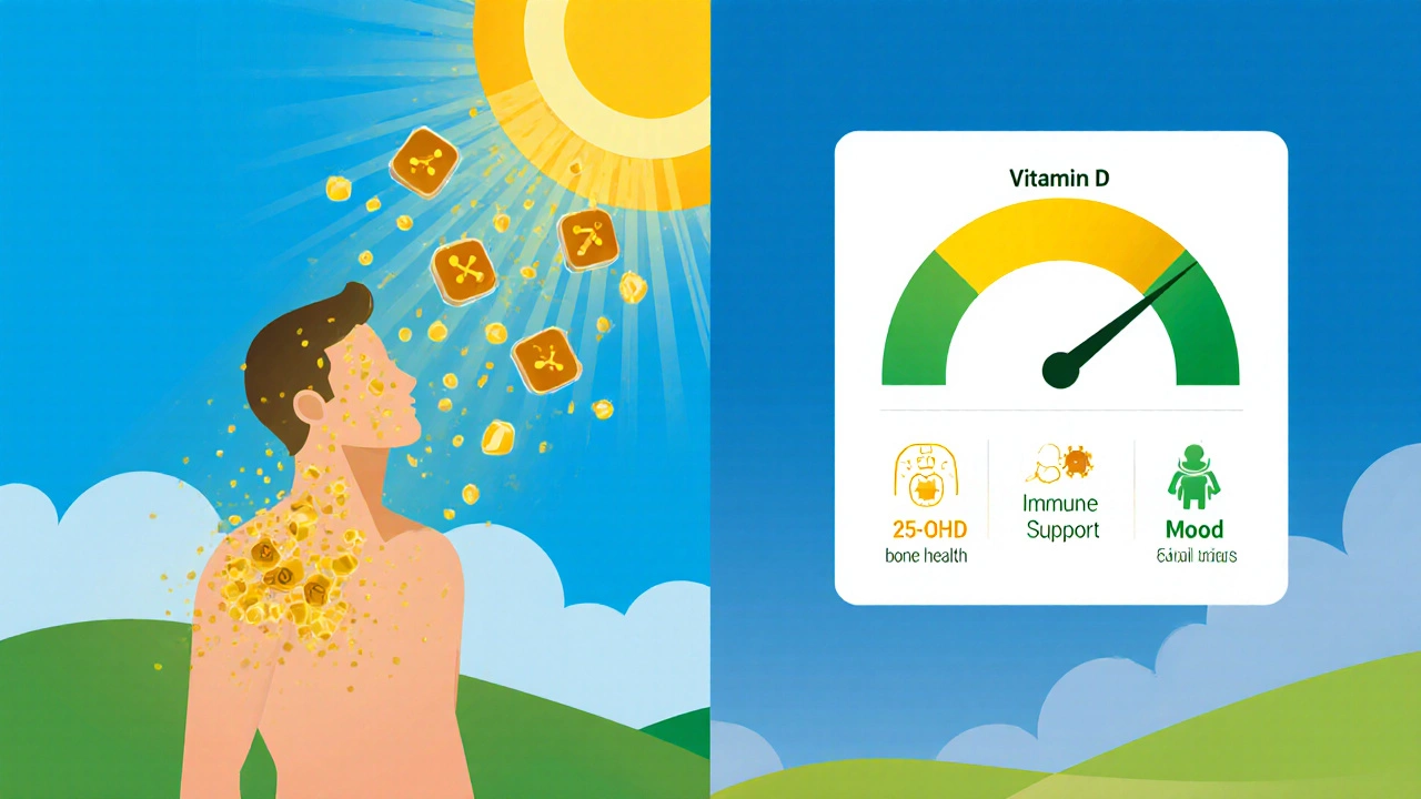 Illustration of sun rays turning into vitamin D molecules with icons for health benefits.