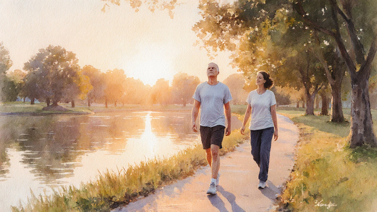 Patient and therapist walking in sunrise rehab session, breathing calmly.