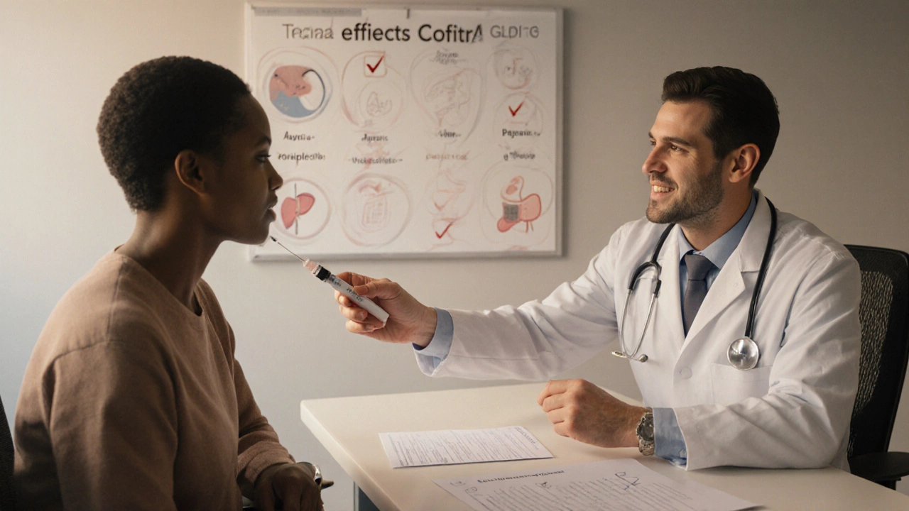 Patient consulting a doctor about Ozempic, with a pen injector and side‑effect symbols.