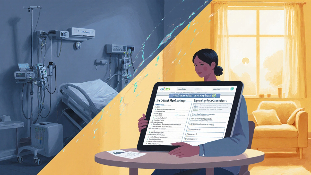 Patient reviewing discharge summary on tablet, hospital and home scenes merged.