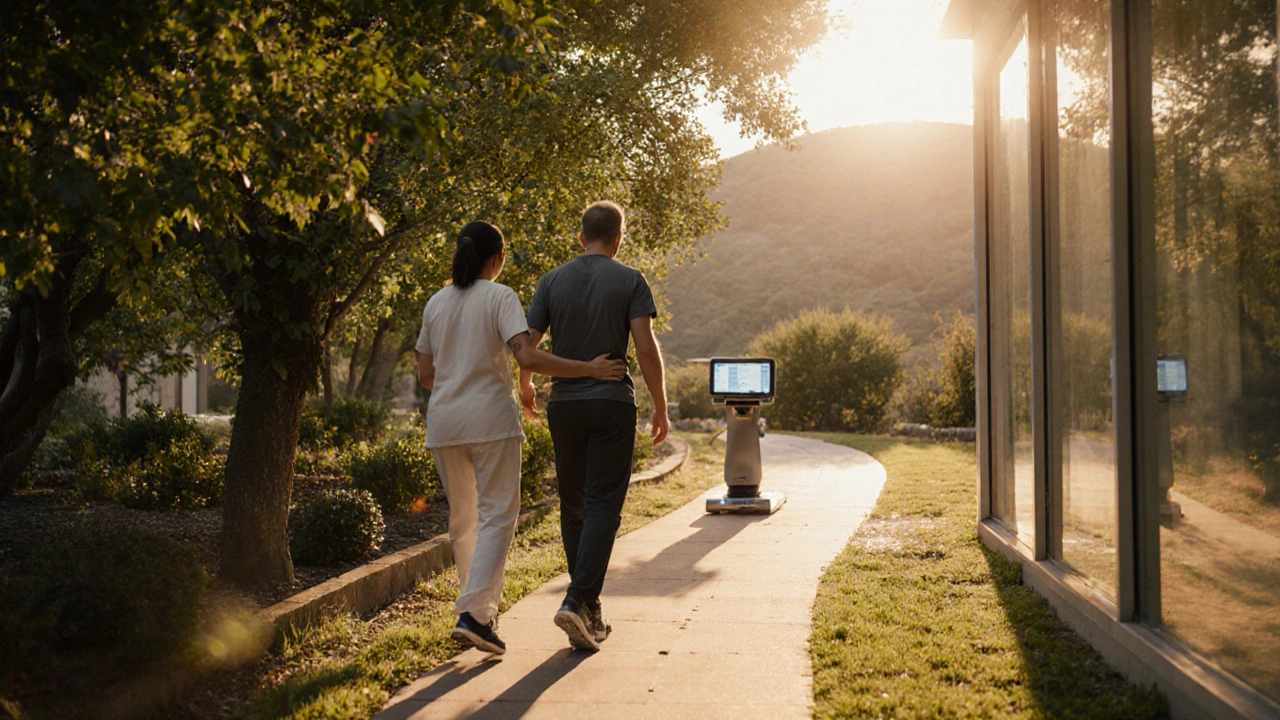 Patient walking in a sunny garden with physiotherapist, hinting at cardiac rehab.