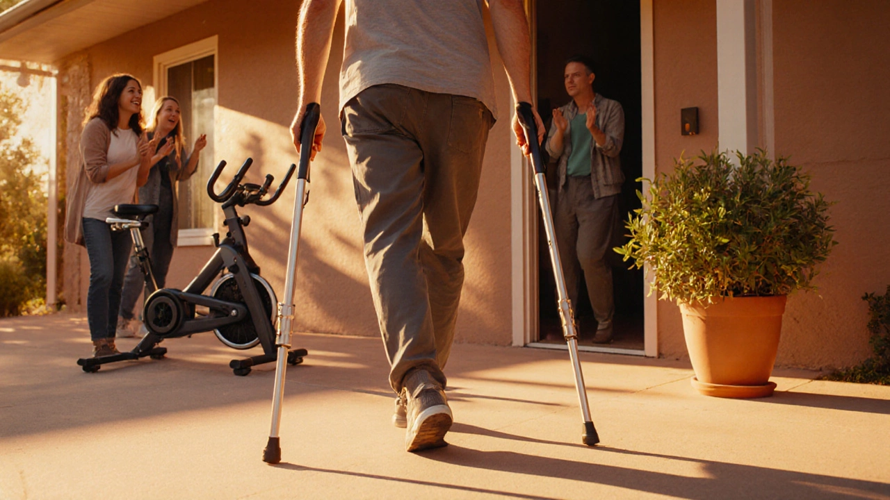 Patient walks unaided on sunny patio, family cheering, bike nearby.