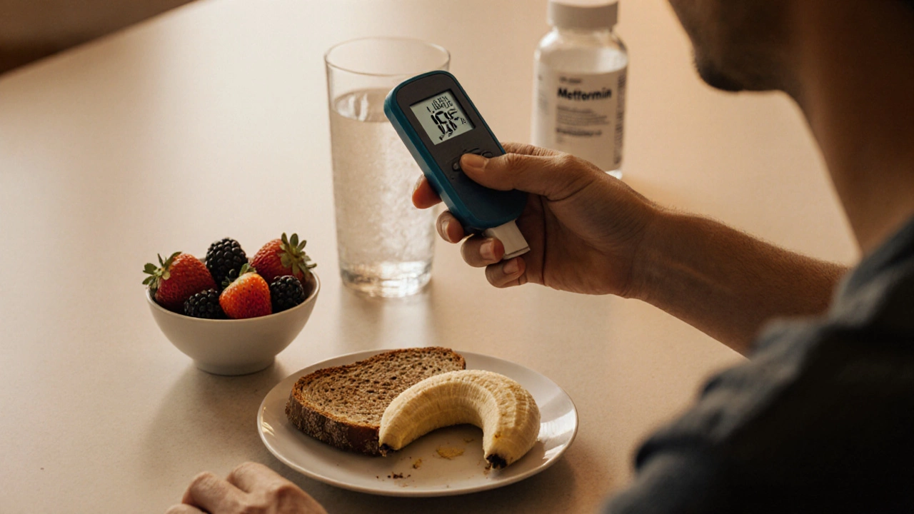 Person checking blood sugar after meal with half banana and berries on the counter.