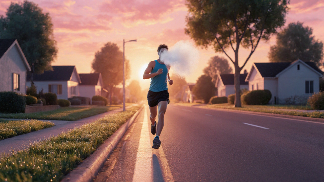 Person walking at sunrise on a quiet street, low-intensity cardio in morning light.