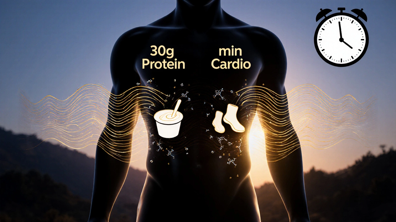 Silhouette of body with protein and cardio symbols radiating light, fat melting away at dawn.