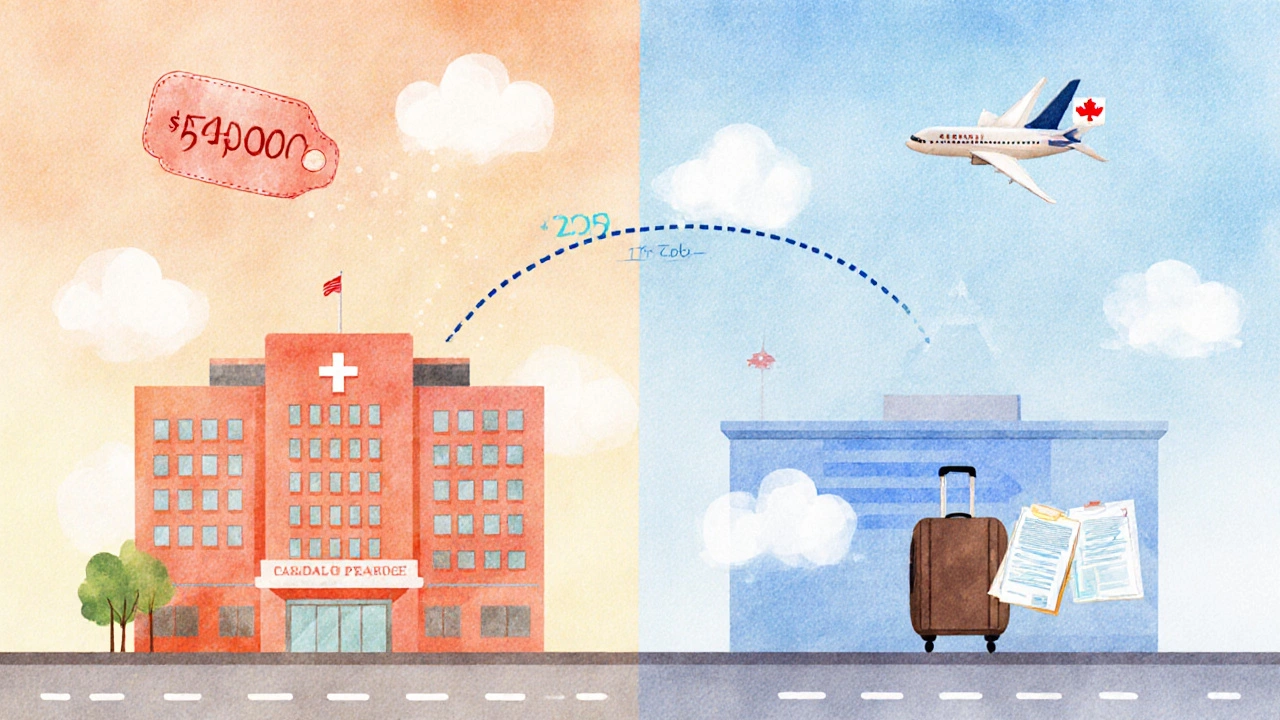 Split image comparing high U.S. medical costs with lower Canadian prices for the same procedure.