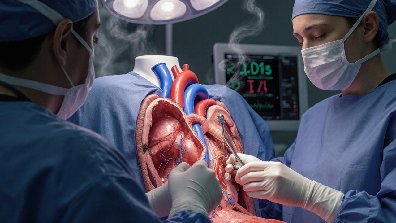 Surgeon operating on an open heart while a bypass machine runs in the background.