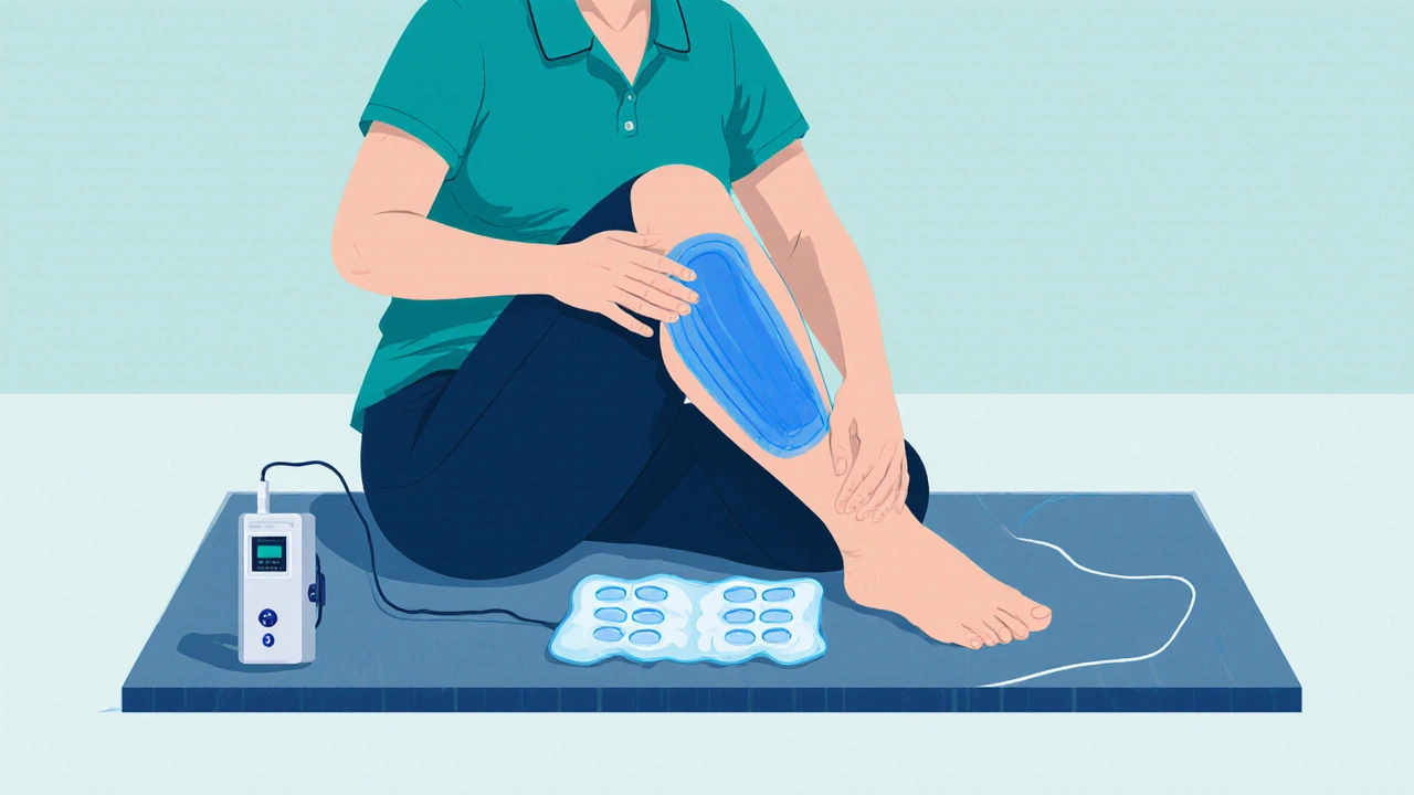 Therapist assists patient with knee‑bend exercise, showing swelling and ice pack.