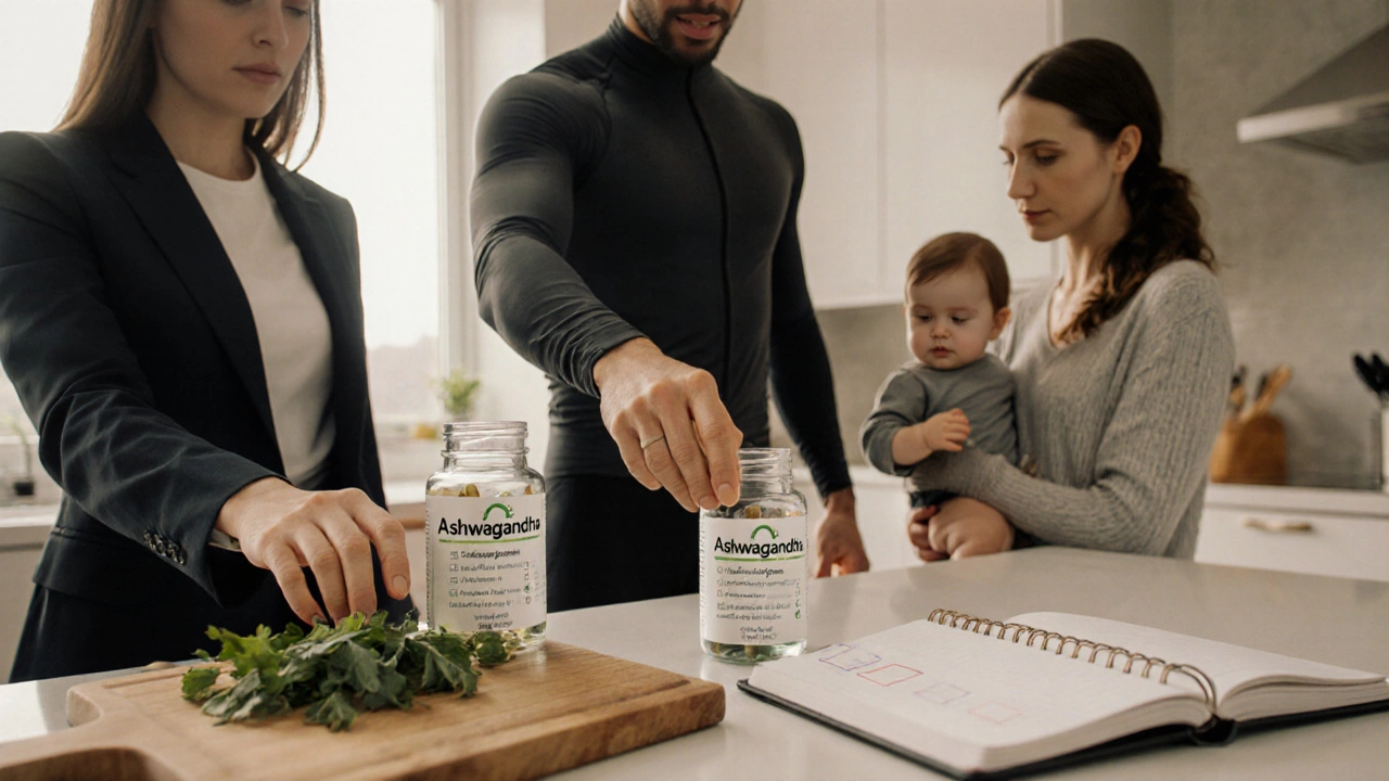 Three people—businesswoman, athlete, and mother—selecting Ashwagandha capsules in a bright kitchen.