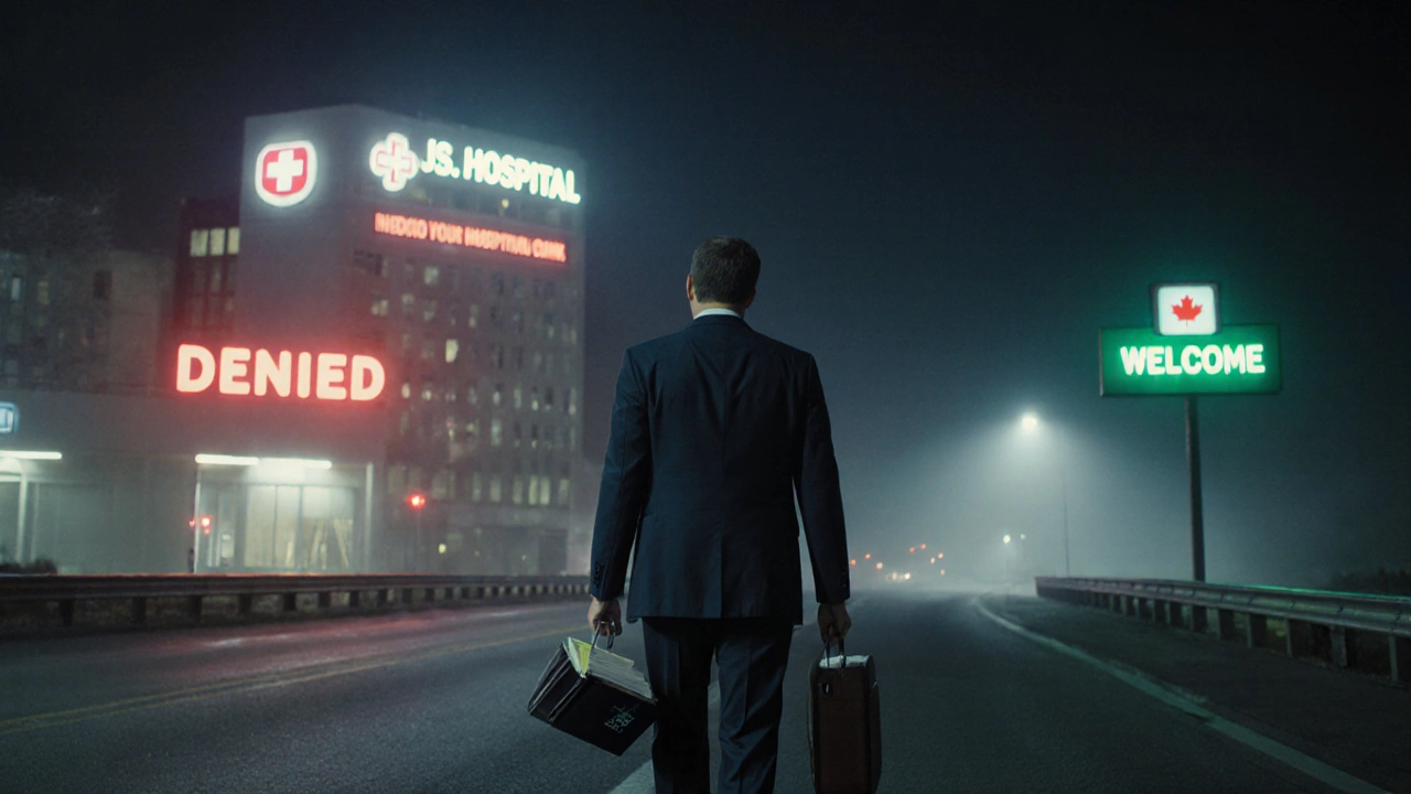 Traveler crossing the U.S.-Canada border with medical records, heading toward affordable care.