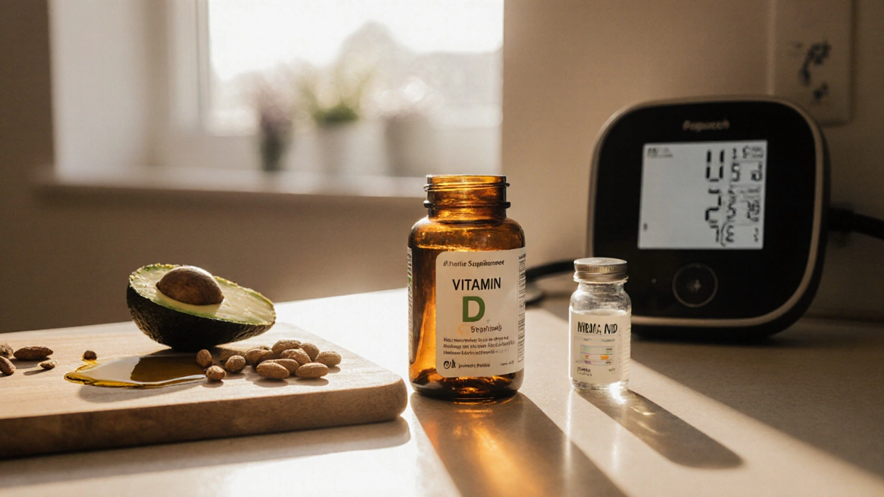 Warm kitchen scene with avocado, olive oil, and a Vitamin D bottle beside a blood test vial.