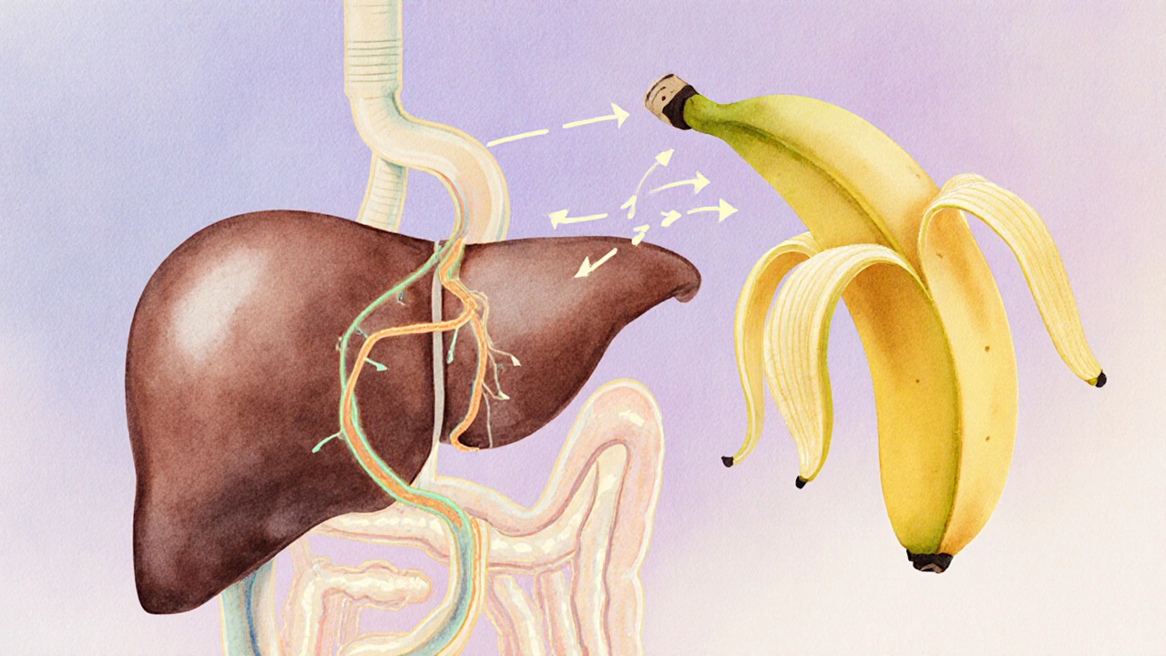Watercolor illustration of liver, gut, and banana fiber showing metformin action.