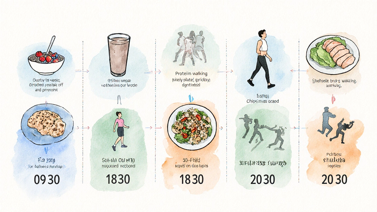 Watercolor timeline of meals and workouts for a typical 30/30/30 day.